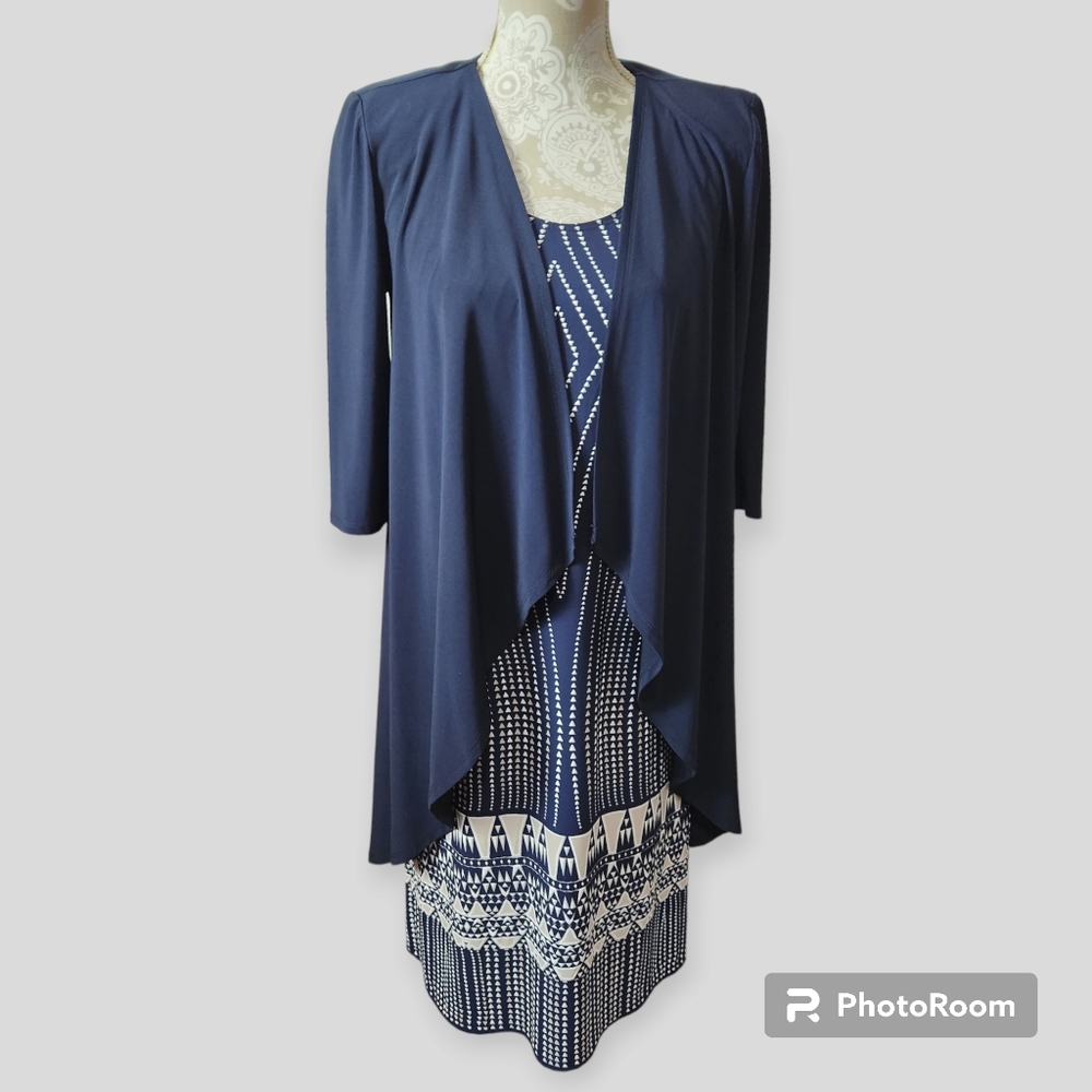 R & M Richards 2-Pc. Navy Blue Draped Jacket & Printed Dress size 8P